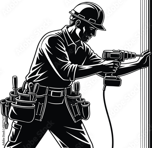 Construction worker drilling into wall with power drill hard hat tool belt