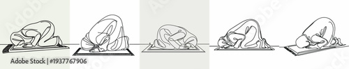 line art of a Muslim woman prostrating on a prayer mat
