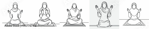 line art of a Muslim woman sitting on a prayer mat in prayer gesture front view