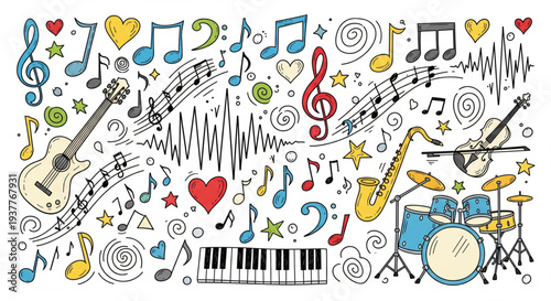 Vibrant music scene with instruments and notes in dynamic illustration style
