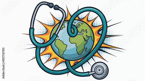 Stethoscope wrapped around earth globe with sunburst behind symbolizing global health and wellness concept