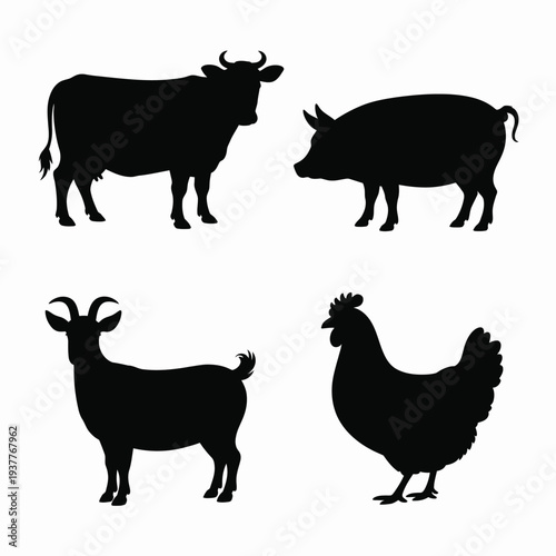 Four black silhouettes of farm animals bull