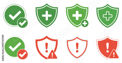 Collection of Shield Icons Representing Security Health and Warning Statuses for Protection Safety Medical Alert Risk Control Cyber Defense Monitoring Systems Vector Illustration Set Design