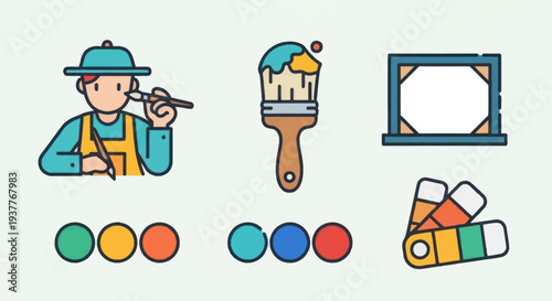 Artist, Paintbrush, Color Palette Icons: Creativity, Design, Art Studio Concept
