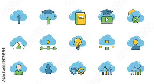 Cloud Computing Icons: Education, Data, Network, Ideas, Analytics, User