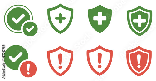 Collection of Shield Icons Representing Security Health and Warning Statuses for Protection Safety Medical Alert Risk Control Cyber Defense Monitoring Systems Vector Illustration Set Design