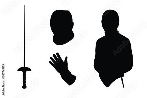 Silhouettes of fencers with swords and gloves fencing