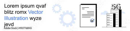 Telecommunications, digital connectivity, document management, technology trends, 5G advancements, future tech. Graphic of gears, document and 5G building. Technology trends and telecommunications