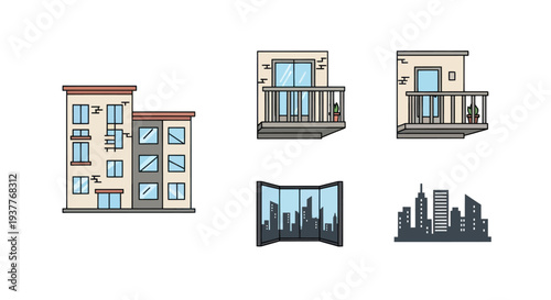 Modern Apartment Buildings, Balconies, and City Skyline Icons