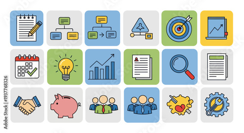 Business Icons Set: Planning, Strategy, Growth, Teamwork, Finance, Ideas