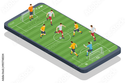 Isometric smartphone football live score application with digital scoreboard and soccer field. Online sport result tracking. Championship competition, training and professional stadium sport event