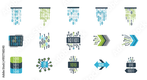 Digital Data Flow Icons: Binary Code, Circuits, Technology, Analytics, Big Data