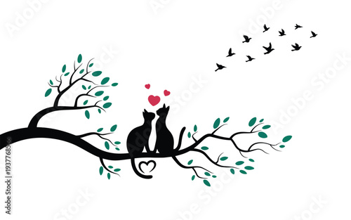 Two black cats sitting on a tree branch with hearts and birds flying