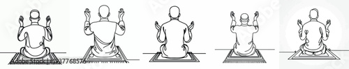 line art of a Muslim sitting on a prayer mat in prayer gesture back view