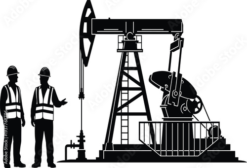 Two workers in hard hats and safety vests standing beside an oil pump jack on a white background industrial