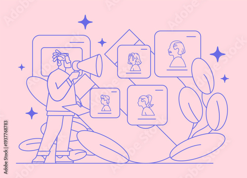 Finding New Customers Minimalist Line Art Scene. Targeting Audience Magnet and Leads Vector Illustration