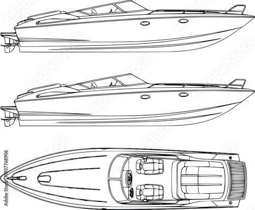 Luxury yacht boat vector illustration, flat design, side and top views