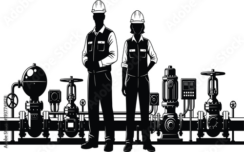 Two workers in hard hats standing beside industrial pipeline equipment
