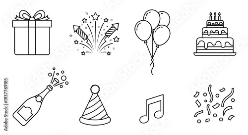 Celebratory elements including gift, fireworks, balloons, cake, and champagne displayed in a festive arrangement viewed from directly above.