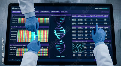 Scientists analyze genomic data on futuristic holographic display showing dna structure and genetic sequence analysis