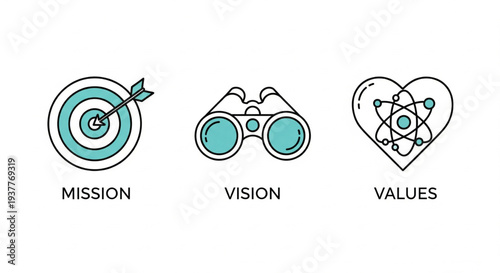 Simple flat line icons representing mission, vision, and values in a modern business context