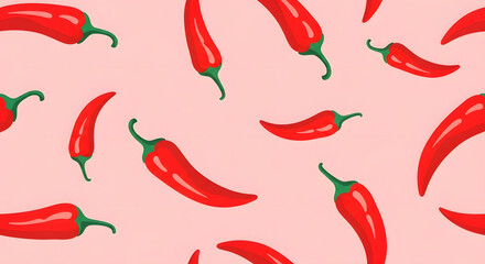 A vibrant pattern of red chili peppers scattered on a soft pink background for design and decoration purposes