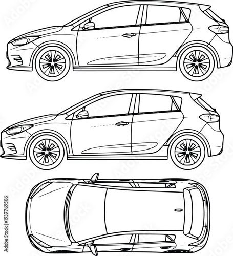 Car blueprint vector illustration with side and top views, flat design