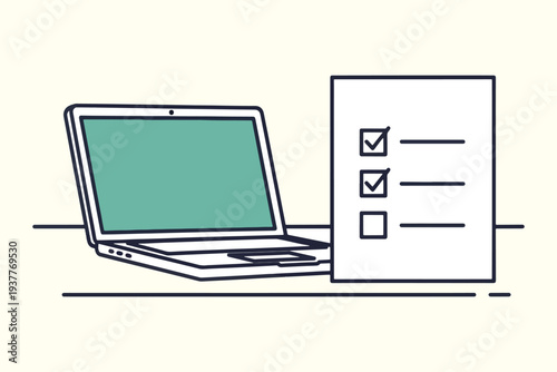 A laptop computer with a checklist beside it representing tasks and completion