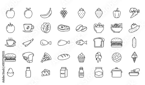 Food Thin Line Icons Set with Fresh Fruit Vegetable Coffee Salad and Meat Symbols Vector