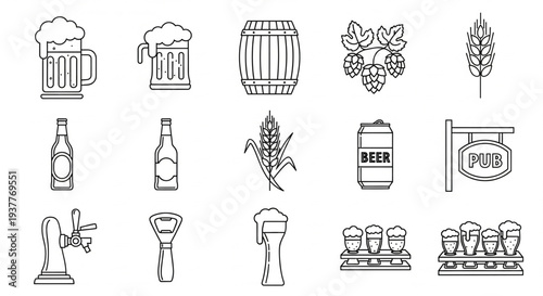 Collection of beer-related icons featuring brewery elements and drinks in a clean line art style on white