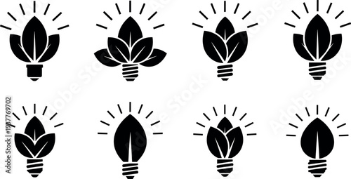Creative light bulb with plant leaves icon set symbolizing eco innovation and green energy ideas, sustainable technology concept collection for environment and inspiration design