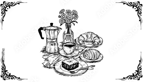 A coffee illustration with a vase of flowers and pastries on a table