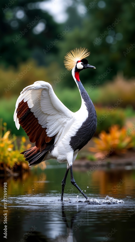 Fototapeta premium A bird that is standing in the water with its wings spread