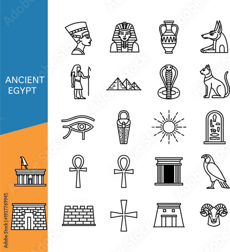 Ancient Egypt Icon Set in Line Art Style Featuring Pharaoh, Anubis, Pyramids, Hieroglyphs and Egyptian Symbols