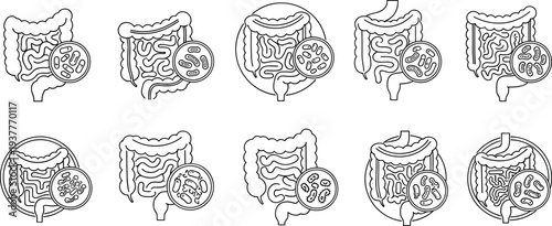 Human stomach and digestive organ outline icon set with bacteria and gut health symbols, medical anatomy collection for digestion, gastroenterology, and healthcare design