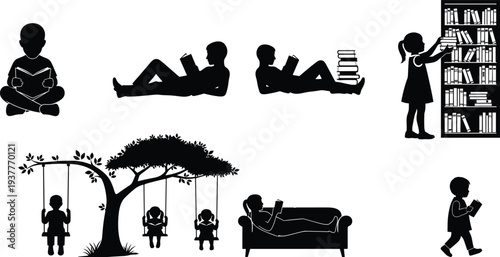 Black silhouettes of children reading books in various poses like sitting, lying on sofa, swinging, and at bookshelf isolated on white background.
