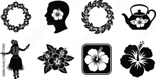 Black silhouette set of tropical hibiscus flowers hula dancer floral wreaths and teapot icons isolated on a white background