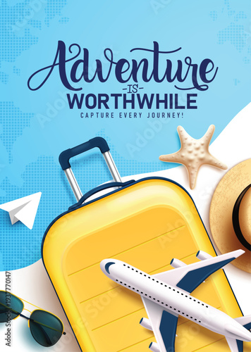 Travel Adventure is worthwhile clipart poster design. Adventure is worthwhile text clip art in blue and white abstract background with traveler elements like luggage bag, airplane, sunglasses and hat 