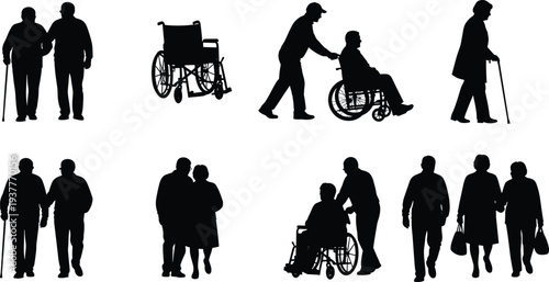Black silhouettes of elderly individuals with caregivers, wheelchairs, and companionship scenes representing aging, mobility assistance, and supportive care