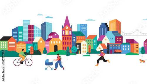 City vector illustration with people and colorful buildings in the background