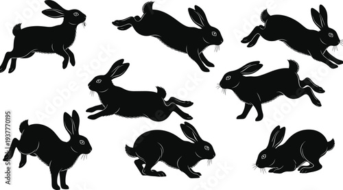 Black silhouettes of rabbits in dynamic poses including running, jumping, crouching, and landing, symbolizing agility, motion, and animal design