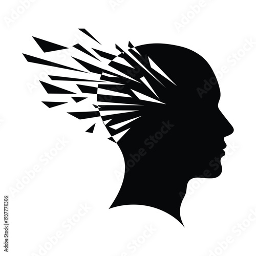 Black silhouette of a person's head with sharp shards exploding from it