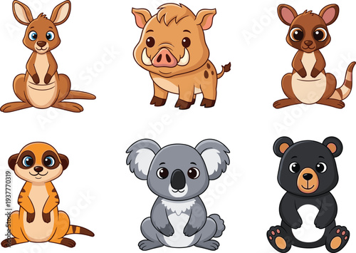 Cartoon illustrations of kangaroo, wild boar, tree kangaroo, meerkat, koala, and bear, playful animal artwork for children’s education and design projects