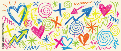 Funky colorful crayon drawn punk shapes and squiggles. Brush drawn spiral, heart, arrow and cross.