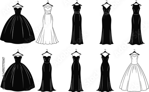 Collection of Elegant Evening Gown and Wedding Dress Silhouettes on Hangers Including Ball Gown, A-Line, and Mermaid Styles Isolated on White Background