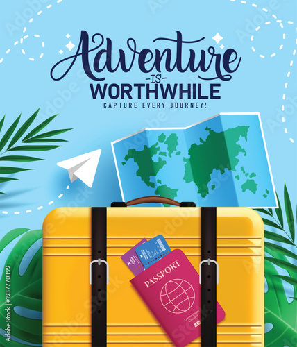 Adventure is worthwhile clipart template design. Travel Adventure tour clip art with luggage bag, passport, map, monstera, and palm leaves summer elements for holiday maker international journey 