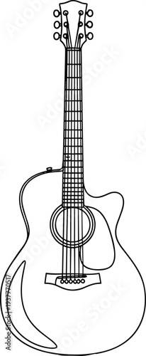 Detailed black and white acoustic guitar line drawing with cutaway body, strings, frets, sound hole, bridge, and tuning pegs illustration