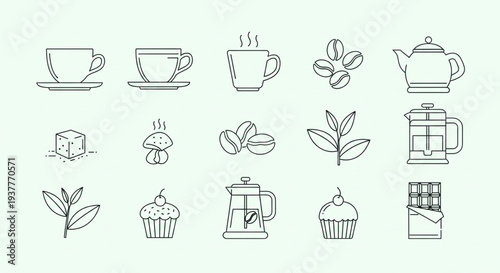Collection of tea cups, teapots, and baked goods illustrations on a soft background from a straightforward viewpoint
