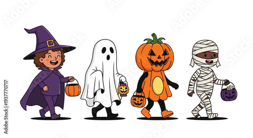 Happy children dressed in fun Halloween costumes walking while trick or treating together