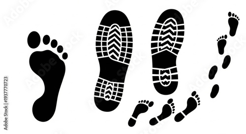 A series of footprints and shoe prints in various sizes leading in a curved path